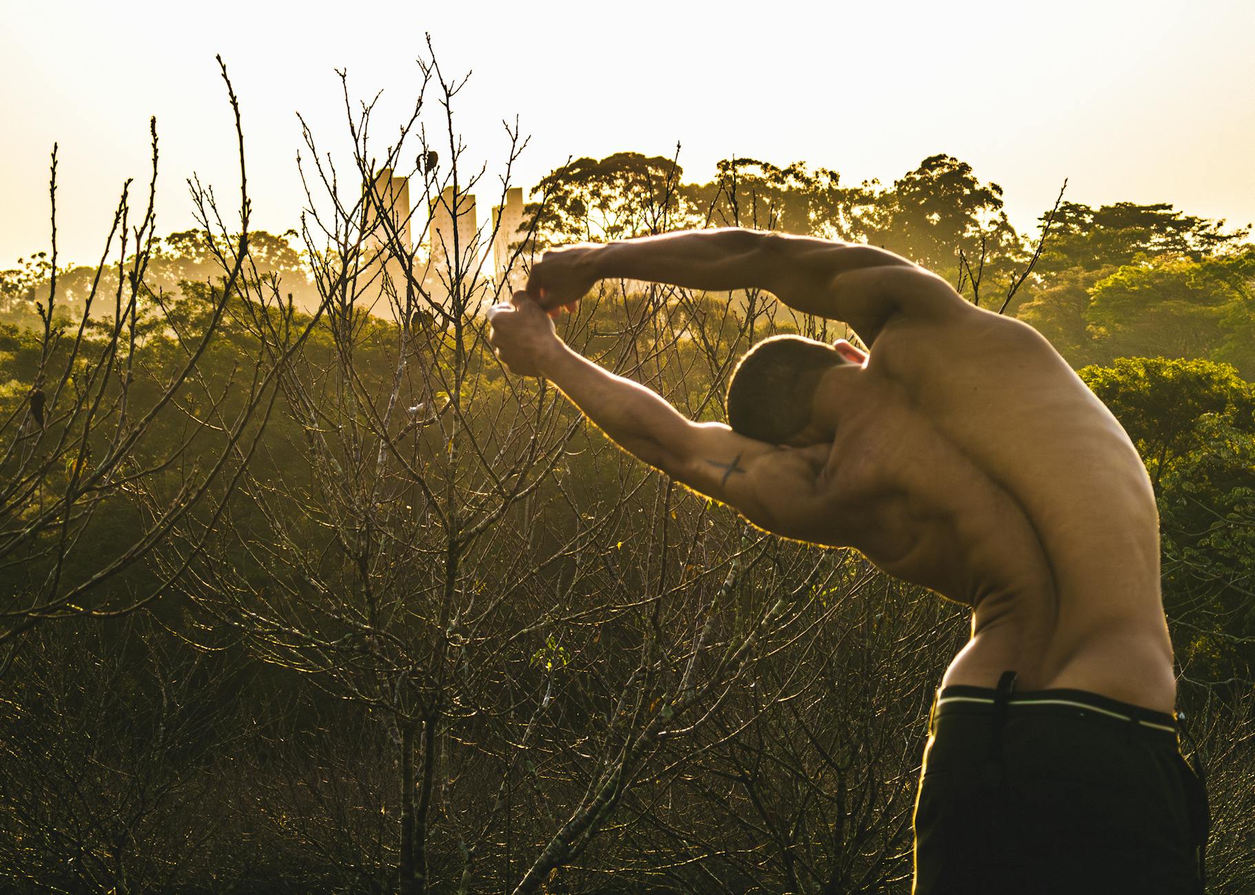 back view of a shirtless muscular man stretching outside