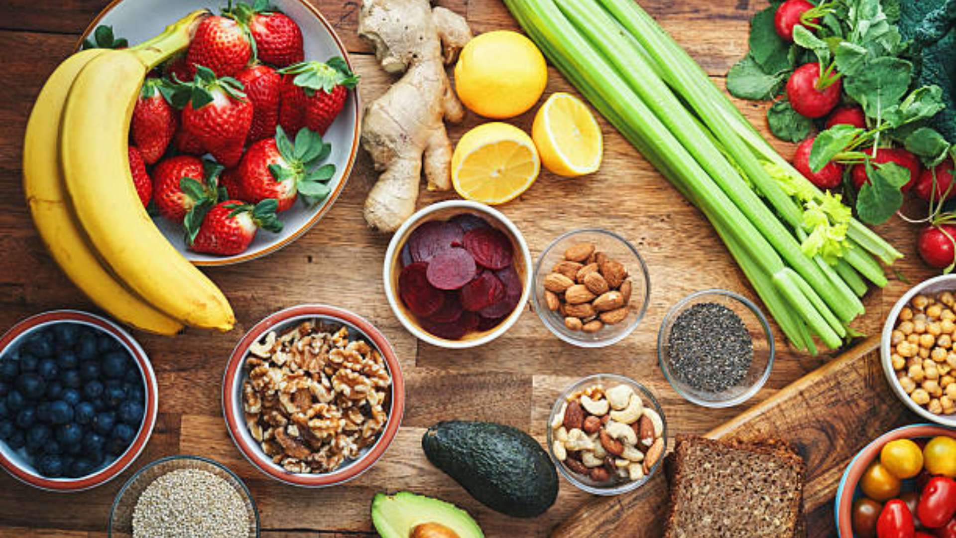 Healthy foods like fruits and vegetables with lean meats for a balanced diet.