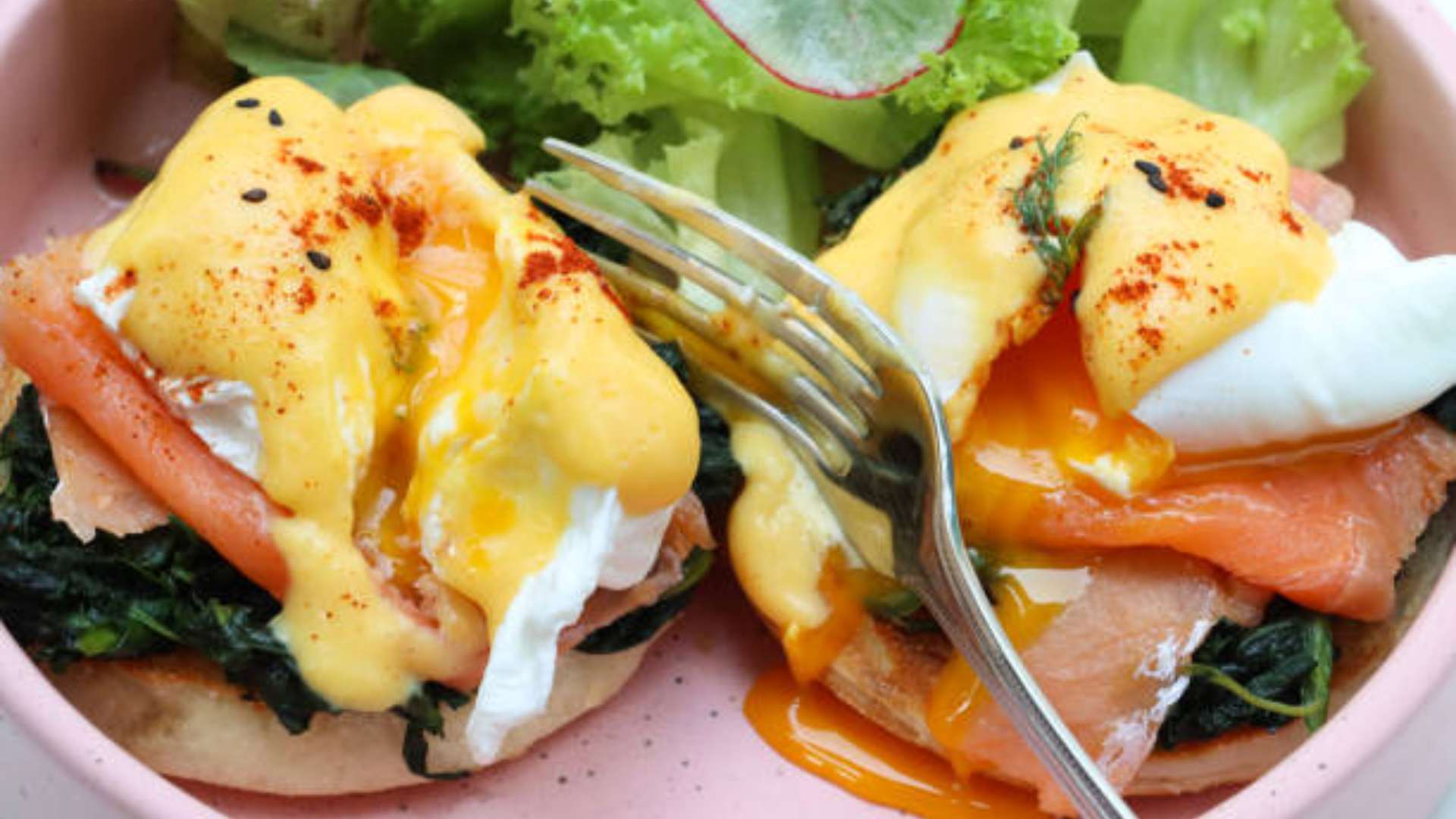 Portobello Eggs Benedict with poached egg, spinach, and creamy mustard sauce.