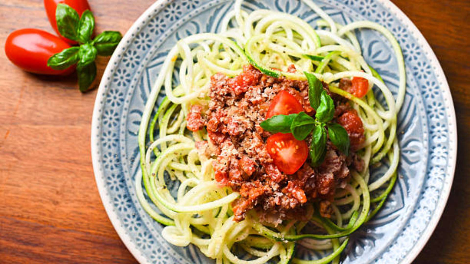 Slow Cooker Turkey Spaghetti served over Zucchini Noodles in a bowl.