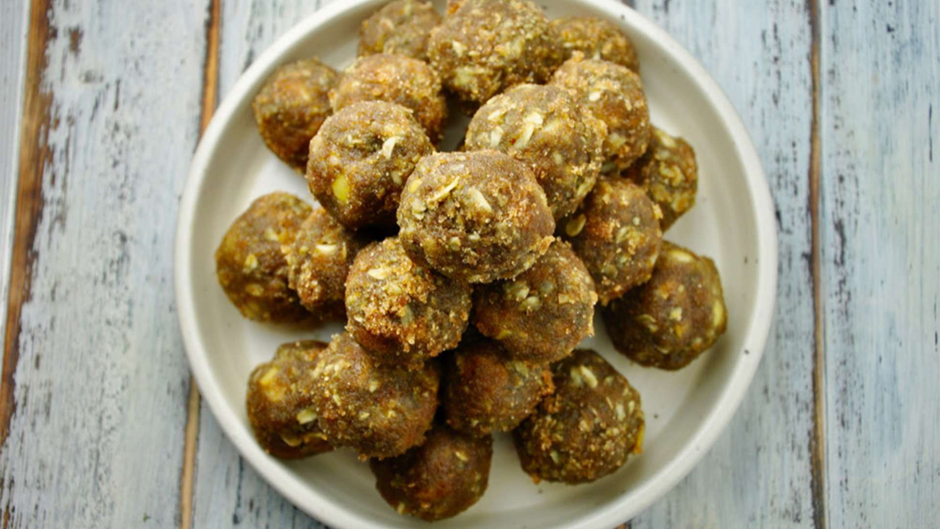 Healthy Apple Fritter Protein Balls made with protein powder and greens.